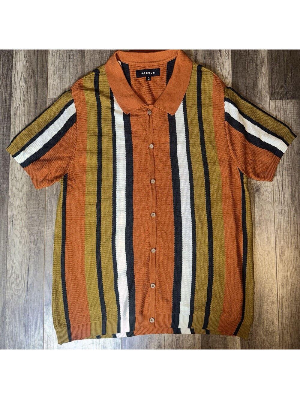 PacSun Knit Button Up Polo Shirt Men Large Retro Stripe Short Sleeve Sweater